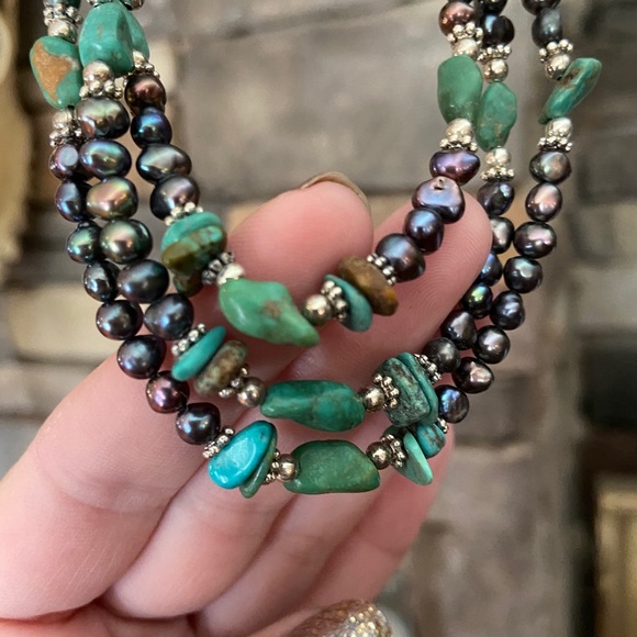Black Freshwater Pearl/Turquoise Necklace - Picture 7 of 12